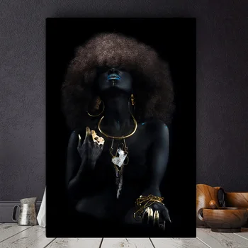 Nadýchané Vlasy Africké Čierne Ženy Zlaté Prst olejomaľba na Plátne Cuadros Plagáty a Vytlačí na Stenu Obrázok pre Obývacia Izba