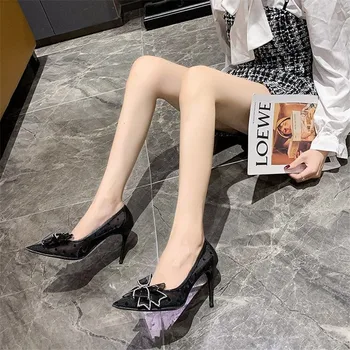 Nové bowknot Vysokým Podpätkom Ženy Sandále Ukázal Prst Čipky Tkaných Sandále, Topánky Vintage Päty Ženy Sandále Módne svadobné podpätky