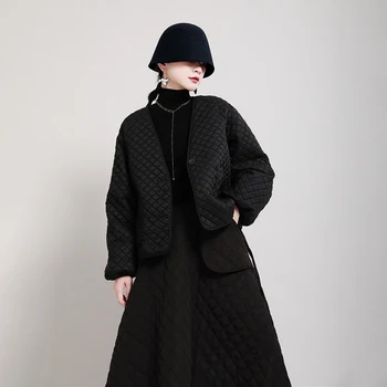 [EAM] Black Veľká Veľkosť Krátke Bavlna-vatovaný Kabát Dlhý Rukáv Loose Fit Ženy Parkas Módne Prílev Nových Jeseň Zima 2021 1DD2159