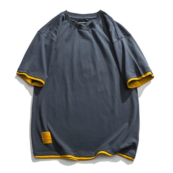 Han pánske letné bavlna falošné dvojdielne krátke rukávy t-shirt trend voľné top pár bežné pol rukávom