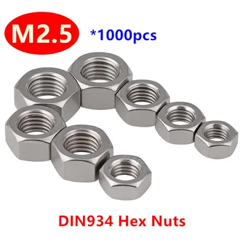 1000pcs Metrický závit DIN934 M2.5 Hex Orechy 304 Nerezovej ocele A2-70 Šesťhranných Matíc