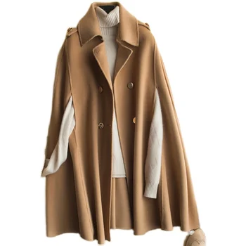 2020 Vlna Polovice Dlho Bat Cape Ženy Vlnené Kabáty Jeseň Voľné Obojstranný Cashmere Kabát Ženskej Módy Hnedé Vrchné Oblečenie