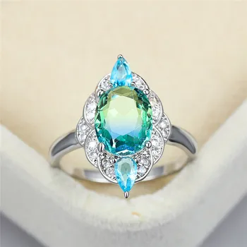 Luxusné Žena Krištáľovo Modrá Zelená Kamenný Kruh Ročníka, Strieborná Farba Snubné Prstene Pre Ženy Elegantná Oválne Zirkón Zásnubný Prsteň