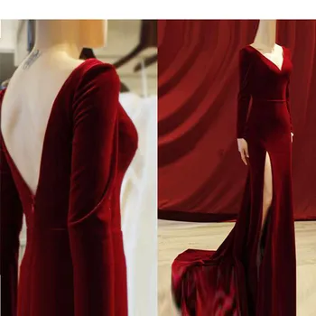 платье Burgundsko Moslimských Večerné Šaty morskej panny tvaru Dlhé Rukávy Velvet Islamskej Dubaj Saudskej arabčina Dlhé Elegantné Večerné Šaty