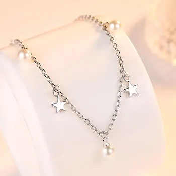 Nové módne dámy strieborný náramok vysokej kvality päť-špicaté hviezdy sladkovodné perly retro značka šperkov Náramok dĺžka 16.8+4CM