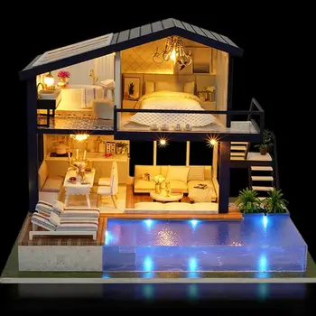 CUTEROOM Doll House Nábytok Deti DIY Vzdelávacie 3D Drevené Miniaturas Model domček pre bábiky Čas Apartmán Hračky pre Deti Darček