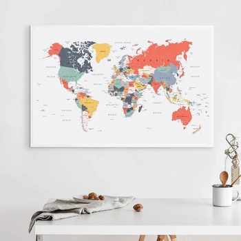 Mapa sveta Tlač Šťastné Farby Steny Umelecké Plátno na Maľovanie Coral Farebný Plagát a Tlač Wall Art Obrázok pre Obývacia Izba Cuadros