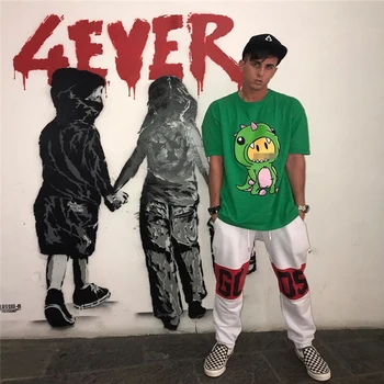 Hip-hop high street smajlík Justin Bieber istého odseku zelená malý dinosaurus-krátke rukávy Americký príležitostné voľné T-shirt