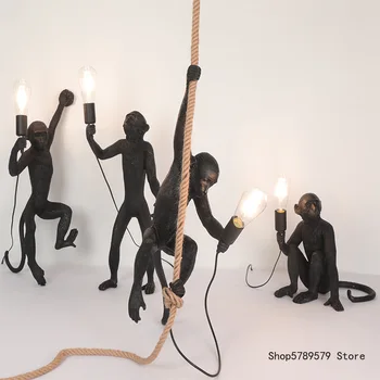 Konopné Lano Opice Lampa Nordic Živice E27 Vnútorné Osvetlenie Prívesok Svetlá Tvorivé Reštaurácia Čierny Zlatý Prívesok lampa Visí lampa