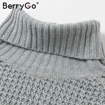 BerryGo Polovičný rukáv turtleneck pletený pulóver ženy Mäkké jesenné zimné svetre mikiny Vysoká rozdeliť dámy femenino jumper 2019