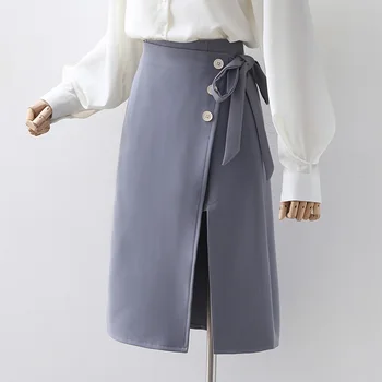 Nové Formálne A-line Sukne Ženy Krajky-Up motýlik Midi Office Lady Elegantné Sukne Midi Pracovné oblečenie Vintage Jeseň Zima 2020