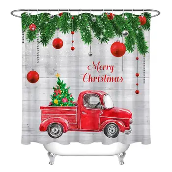 Červený Kamión Vianočný Darček Cartoon Sprchový záves Veselé Vianoce Kúpeľňa Dekorácie Umývateľný Bez Vyblednutiu Vaňa Opony A Mat
