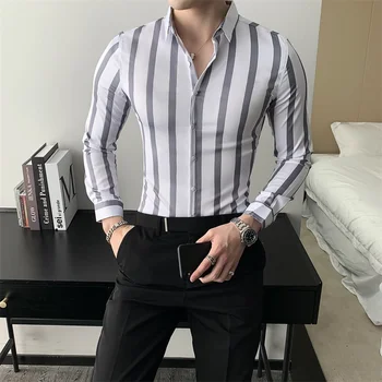 Móda Jeseň 2020 Nové Mužov Pruhované Tričká kórejský Slim Fit Bežné Tričko Mužov Dlhý Rukáv Všetkých Zápas Pracovného Tričko Muž 3XL-M