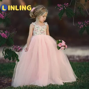 LINLING Ružové Dievčenské Šaty Pre Svadobné Tylu Čipky Dlho Dievča, plesové Šaty, Párty, Vianočné Šaty Deti Kostým Princezná V185