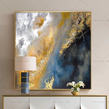 Ručne Vyrábané Zlatá Modrá Čierna Abstraktnej Maľbe Moderného Umenia Obrázok Pre Obývacia Izba Moderne Cuadros Plátno Umenie Vysokej Kvality