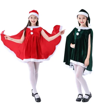 Červená Zelená Velvet Vianočné Cape Plášť Klobúk Zimné Dievča Šatkou Cosplay Party, Kostýmy, Šaty, Dekorácie Santa Claus Kostým Čipky