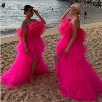 Elegantné 2020 Hot Pink Veľmi Opuchnuté Tutu Šaty Ples Vysoká Nízka Volánikmi Viazané Dlho Prom Šaty African Party Šaty
