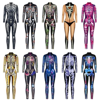 Scary Skeleton Jumpsuit Halloween Kostýmy pre Dospelých Žien Cosplay Bodycon Karneval Party Streetwear Sexy Tesné Oblečenie Horor