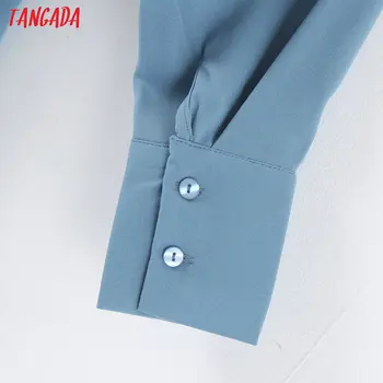 Tangada ženy vintage modrá blúzka luk krk dlhý rukáv elegantné office lady tričko blusas femininas QB113