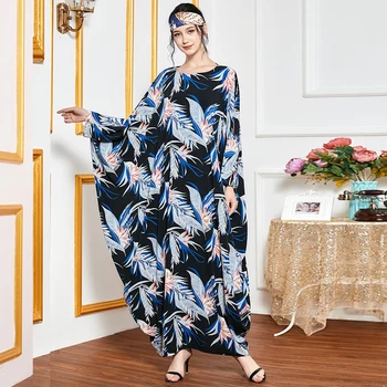 Siskakia Maxi Šaty Nadrozmerné Kúpacie Plášte pre Ženy Elegantné listy Tlač Batwing Dlhý Rukáv Moslimských arabský Odev Jeseň 2020