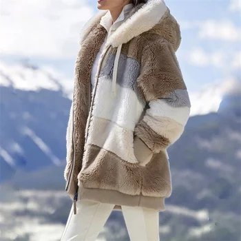Zimné ženy bunda módne Oblečenie pre patchwork vrecká na zips, zimná bunda s Kapucňou retro voľné Dlhý Rukáv Plus Veľkosť Ženy, stierka