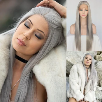 Lvcheryl Silver Grey Farba Syntetické Parochne Čipky Front Ručne Viazané Parochne Prírodné Dlhé Hodvábne Rovné Tepelne Odolné Vlasy