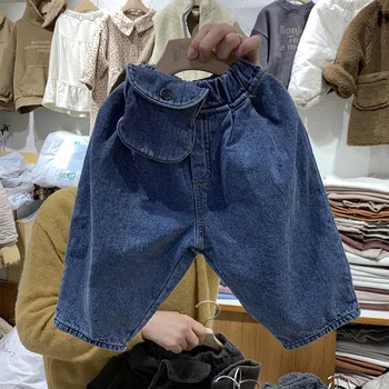 Detské jeseň/zima hot štýl bežné nohavice, džínsy menčester troch-dimenzionální vrecku voľne žijúcich nohavice