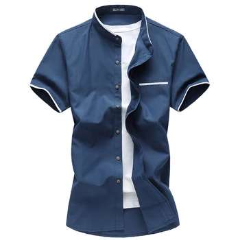 QUANBO 2018 Nové Mužov Ležérne Oblečenie Letné Tričko Krátky Rukáv Pevné Mandarin Golier Oxford Textilné Plus veľkosť Muži Biele Košele