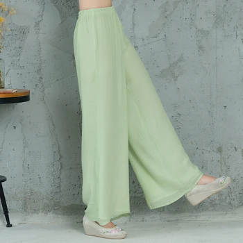 Letné ženy bavlnená posteľná bielizeň tenké priedušná širokú nohu ženské nohavice elastický pás farbou voľné biela zelená retro dlhé nohavice