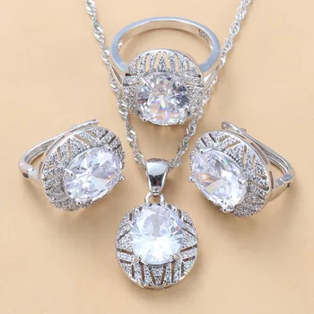 Jednoduché Oválne Prírodná Biela CZ Príslušenstvo Strieborná Farba Veľké Šperky Sady Pre Ženy, Svadobné Zapojenie Svadobné Sety