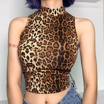 Hnedý Top Sexy Svetlé Bez Rukávov Turtleneck Leopard Print T Shirt Ženy Plodín Top Soft Dámy Krátke Tričká, Košele 2020 Nové