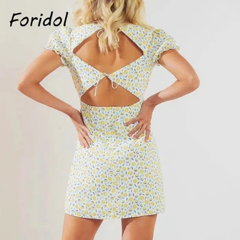 Foridol backless čipky ovocie tlač letné šaty žien boho štrbinou krátke plážové šaty v krku elegantné split šaty vestidos 2021