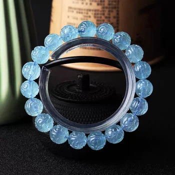 Prírodné Blue Ice Akvamarín Crystal 10 mm Náramok Ženy, Mužov Darček Úsek Vyrezávané Modrá Kolo Perličiek Náramok Šperky AAAAA