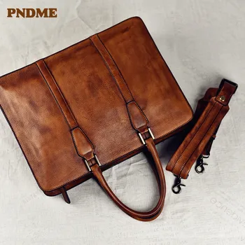 PNDME ročníka vysokej kvality originálne kožené pánske aktovky business notebook, kabelky luxusné cowhide office ramenný program messenger tašky