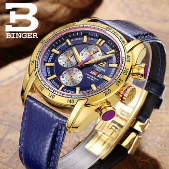 Japonsko Pohyb Švajčiarsko pánske Hodinky, Luxusné Značky náramkových hodiniek BINGER Quartz Muž hodiny Chronograf Diver glowwatch B1163-7