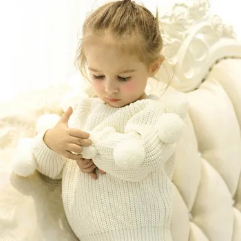 Biela krásne dievčatká pom pletený sveter detí biela guľa o-krku jar, jeseň zima topy, šaty, deti, deti, svetre