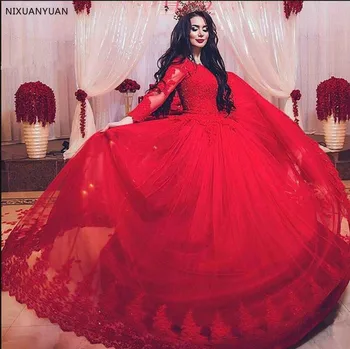 Vestido De Novia 2021 Plesové Šaty, Červenej Čipky Dlhý Rukáv Svadobné Šaty Moslimských Appliques Korálkové Princezná Svadobné Svadobné Šaty