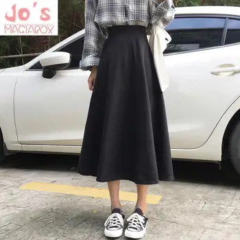 Zimné Kórejský Harajuku Ženy-Line Sukne Vintage Módy Office Lady Pevné Ríše Sukne Sladké Kawaii Vysoký Pás Polovici Teľa Sukne