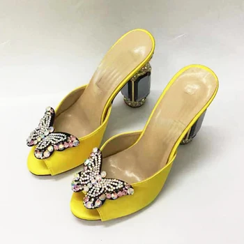 Sexy sandále ženy crystal motýľ uzol dekor diamond vysoké podpätky drahokamu šaty papuče pre dámy letné svadobné topánky