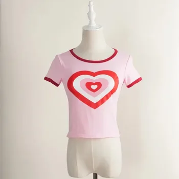 2018 milenca srdca tlače ženy t-shirt Patchwork letné tričká Módne bavlna ružová fitness plodín topy sexy Ostrihané