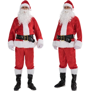 Dospelých Santa Claus Kostým, Oblek Plyšové Otec Nóbl Oblečenie Vianoce Cosplay Rekvizity Mužov Kabát Nohavice Fúzy Pás Klobúk Vianočný Set