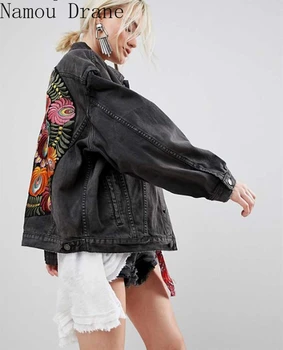 Nadrozmerné multi kvetinový Vyšívané Denim Jacket outwear českého casual elegantná bunda, kabát ženy 2020 nové zimné kabát