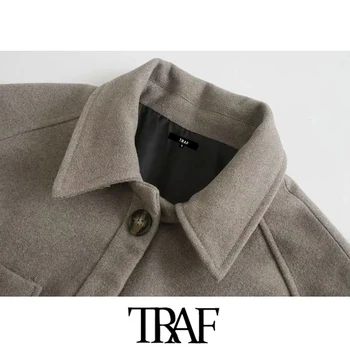 TRAF Ženy Módny Pás Voľné Vlnené Kabát Vintage Dlhý Rukáv Vrecká Žena vrchné oblečenie Elegantný Kabát