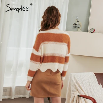 Simplee Bežné kontrast prekladané voľné ženy sveter tvaru dlhý rukáv spodná vlna pulóver Teplé chlpaté jeseň zima jumper 2020