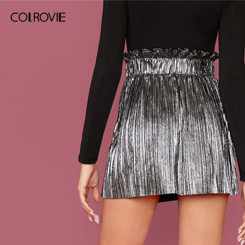 COLROVIE Sivá Paperbag Skladaný Pás Kovový Sukne Ženy Vysoký Pás Mini Sukne 2020 Jar Očarujúce Pevné Dámy Sukne