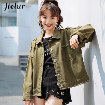 Jielur 5 Farieb kórejský Jeseň Denim Jacket pre Ženy Farbou Lumbálna Vrecká Žena Bunda Streetwear BF Jean Kabát