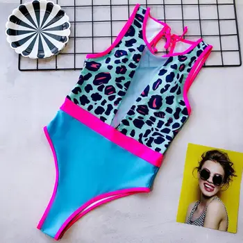 Oka leopard Vintage patchwork Sexy plavky high cut 2019 ženy ženy Push up monokiny kúpajúcich sa jednodielne plavky