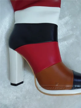 Farebné Zmiešané Farby Kolená Vysoké Topánky Ženy Britský Štýl Bočné Zip Robustný Päty Kolo Prsty Patchwork Dlho Botičky Pre Ženy