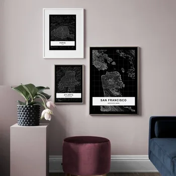Black White Mape Mesta Atlanta Paríž Nordic Plagáty a Tlačí na Steny Umelecké Plátno na Maľovanie obrazov na Stenu pre Obývacia Izba Domova