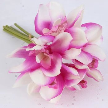 Skutočný Dotyk Cymbidium 6 Hláv Krátke Strieľať Stôl Dekorácie Kvet DIY Svadba Nevesta Strane Kvety Domova Umelé Orchidea